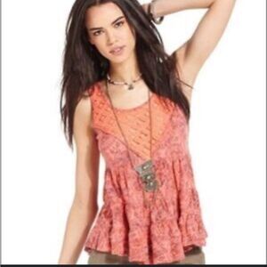 Free People Orange Floral Lace Tank Top